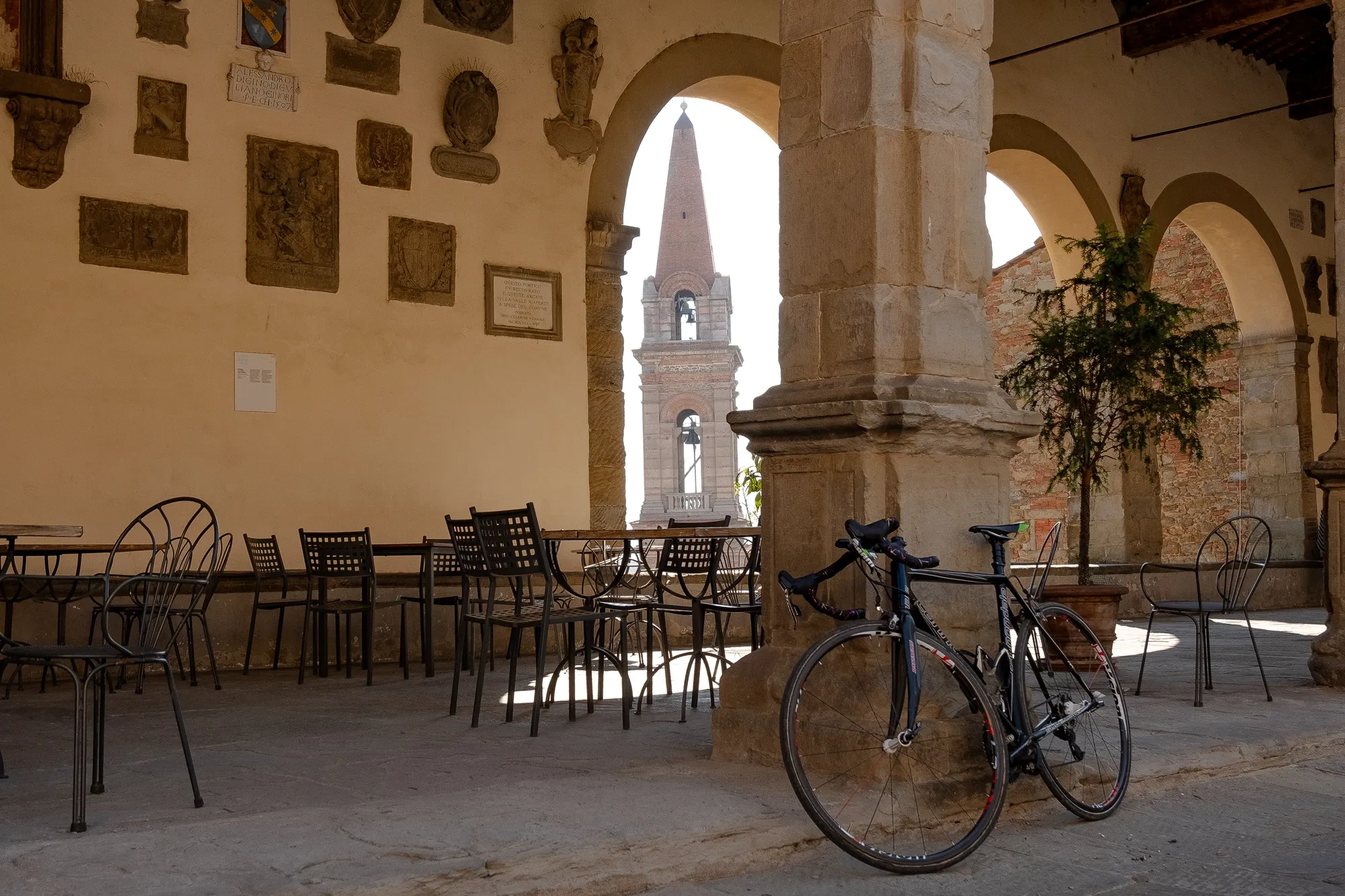 a bicycle is parked in an old building